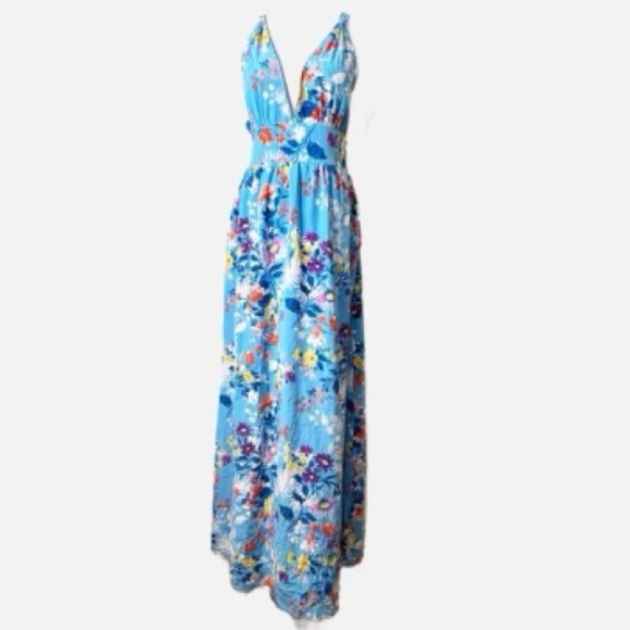 Yumi Kim Dresses & Skirts - Yumi Kim Blue Plunge Neck Silk Maxi Sundress Size Small
